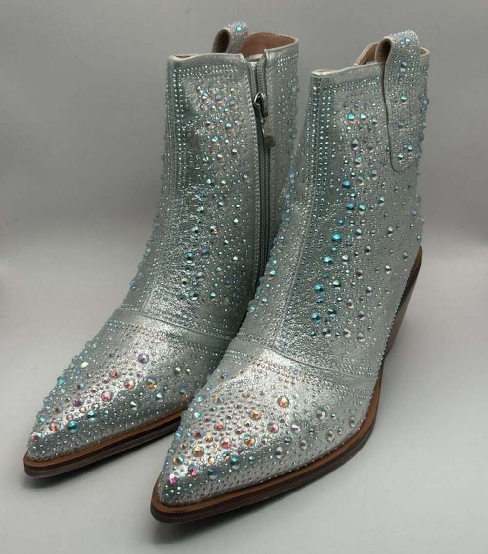 ISNOM Rhinestone Cowboy Ankle Boots Silver Crystal Combat Boots Size US 8